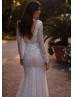 Long Sleeves Glitter Lace Tulle V Back Luxurious Wedding Dress